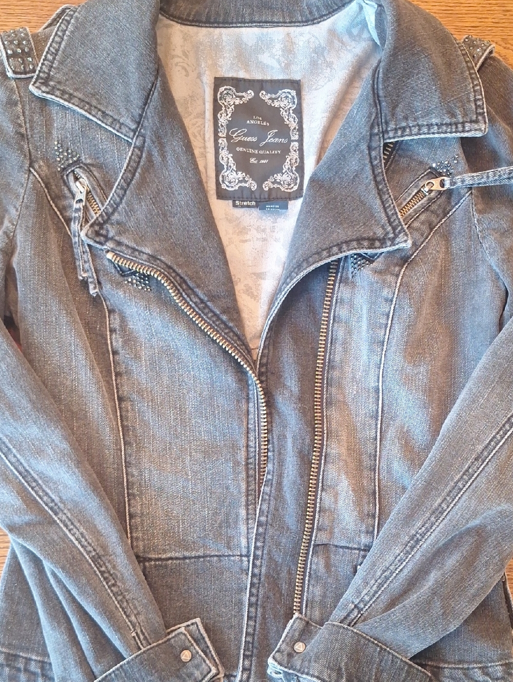 Vintage Guess Gray Dark GrayDenim Moto-Style Jean Jacket